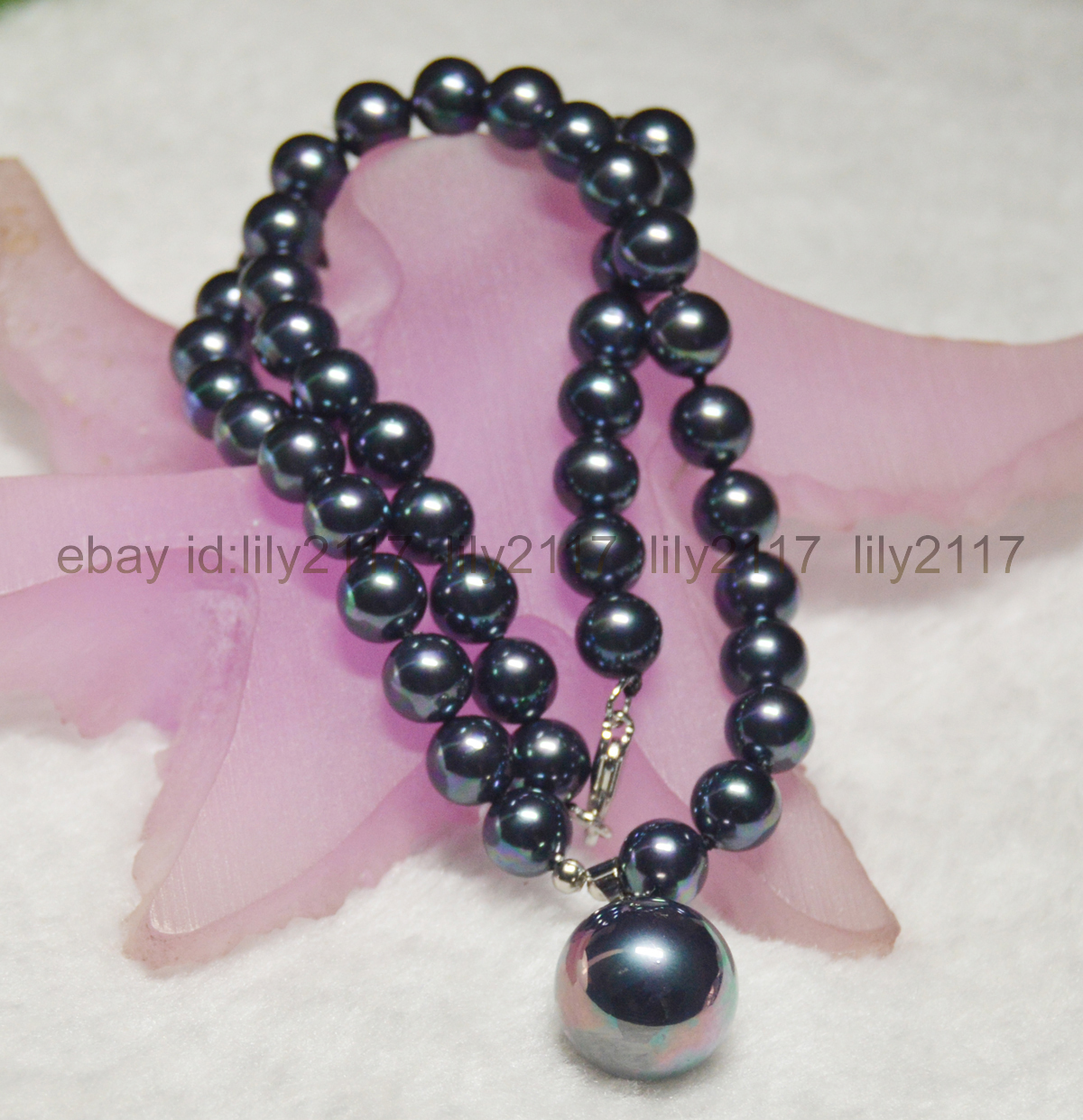 8MM South Sea Black Shell Pearl Round Beads 16MM Pendant Necklace 18″ AAA