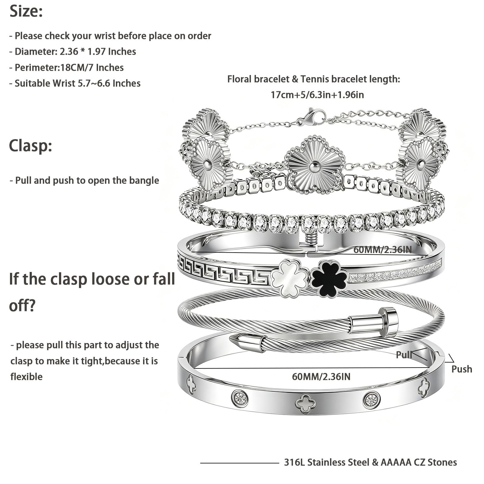 5pcs Gold Stackable Bracelet Set for Women – Stainless Steel Non-Tarnish Clov…