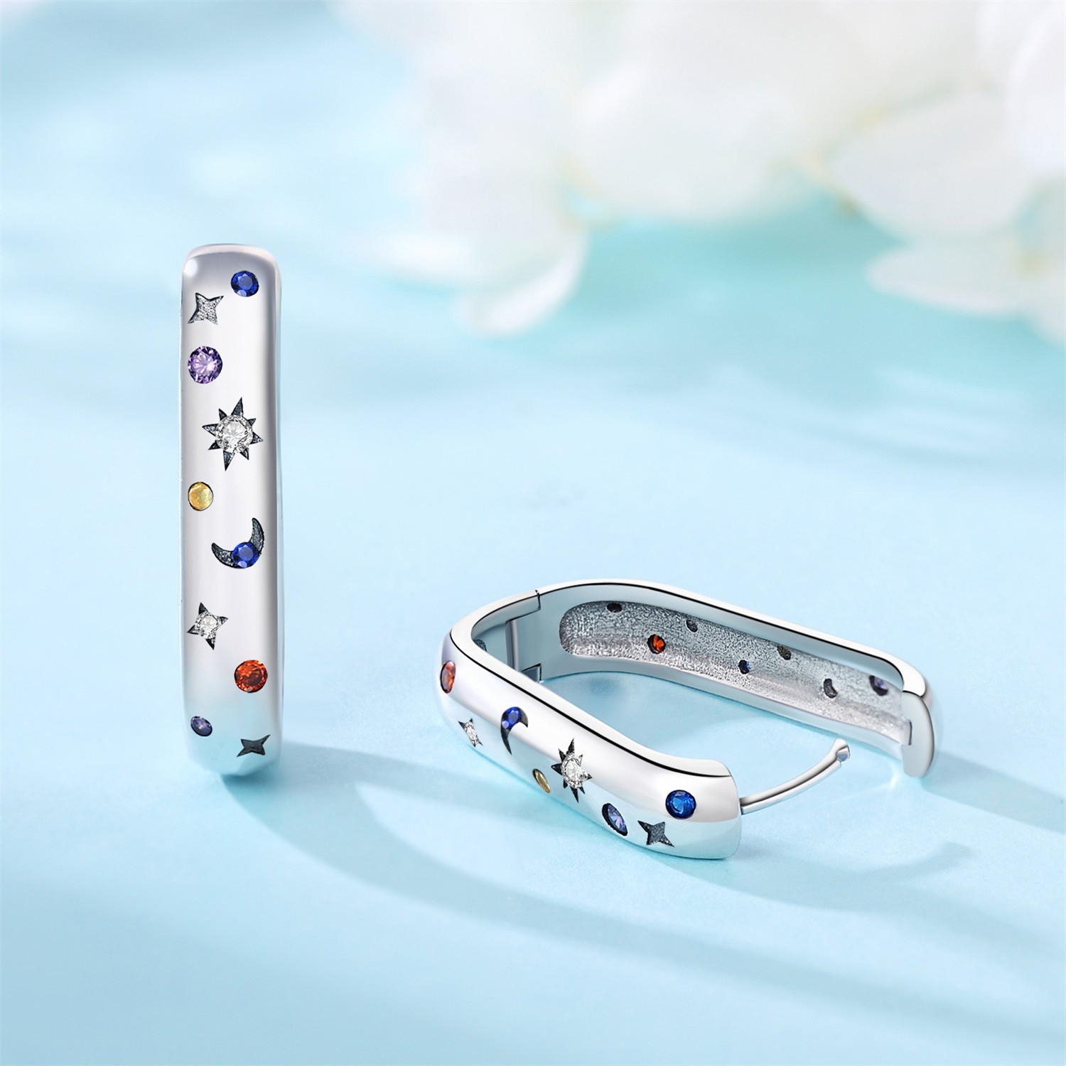 Earring Starry sky Multi colour zirconia Sterling Silver Rhodium plated