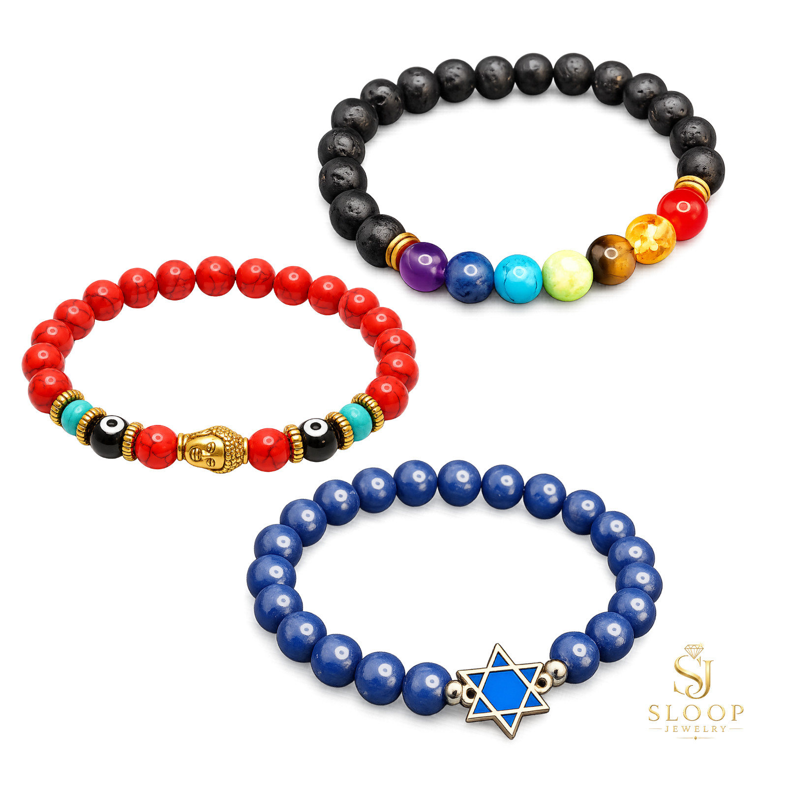 Colorful Bead Bracelet Trio – Evil Eye, Star of David & Black Lava Rock