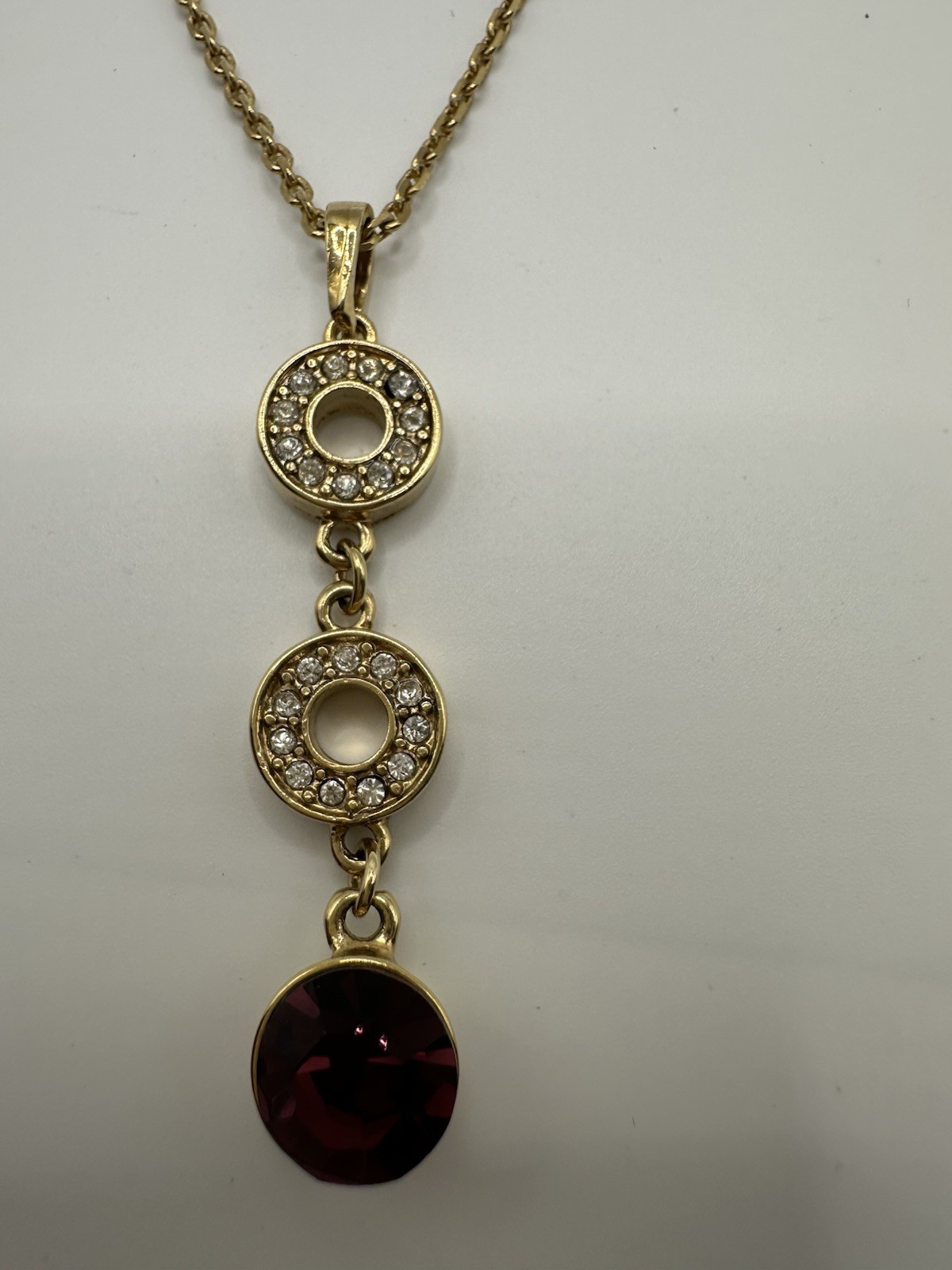 Gold 18KTCH Electroplated Chain Necklace W/Pendant Purple & Clear Crystals 14”