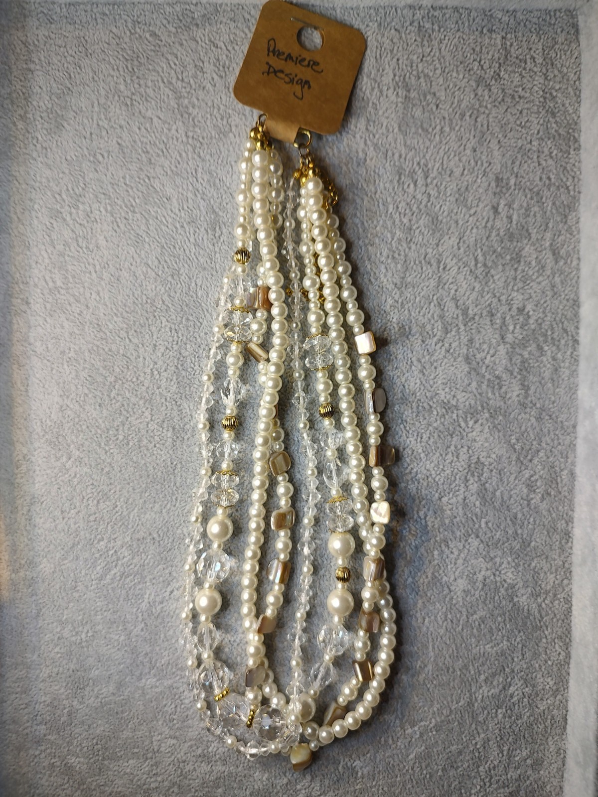 Premier Designs~Daydream~ Faux Pearl~ Shell~ Crystal 4 Strand Necklace Gold Tone