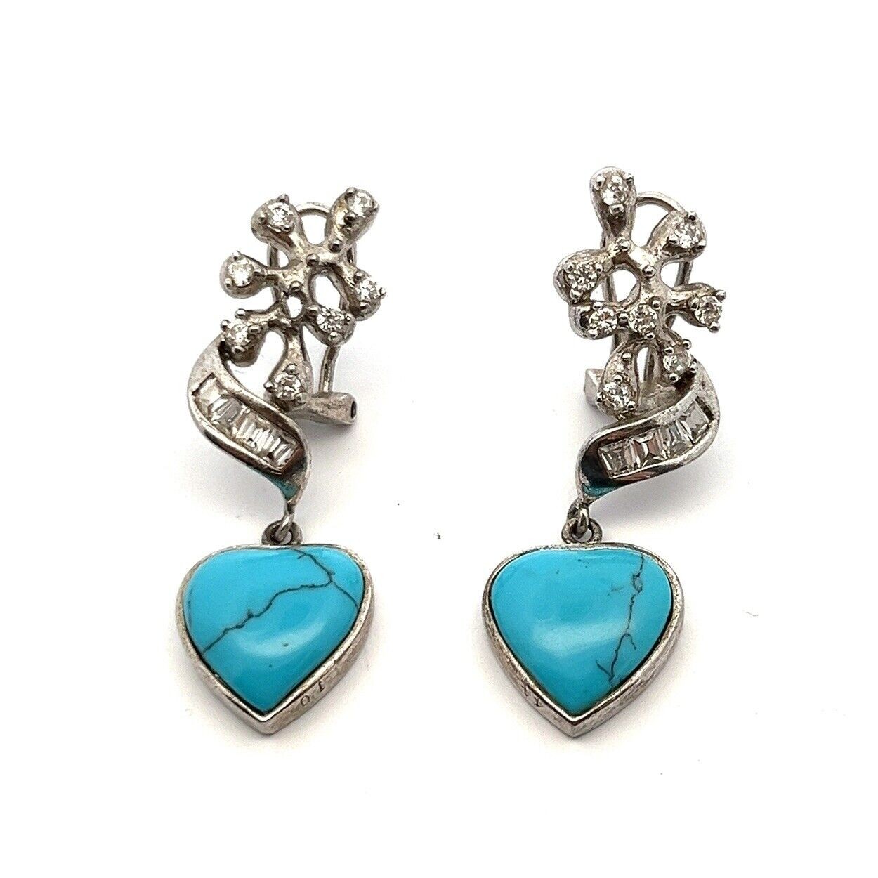 925 Sterling Silver Omega Back CZ & Turquoise Heart Dangle Earrings 9.1g