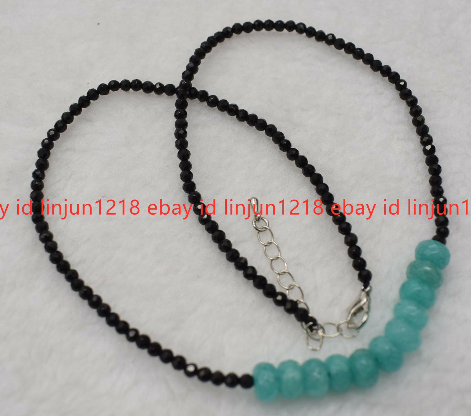3mm Black Spinel & 5x8mm Faceted Blue Aquamarine Gems Beads Necklace 18”