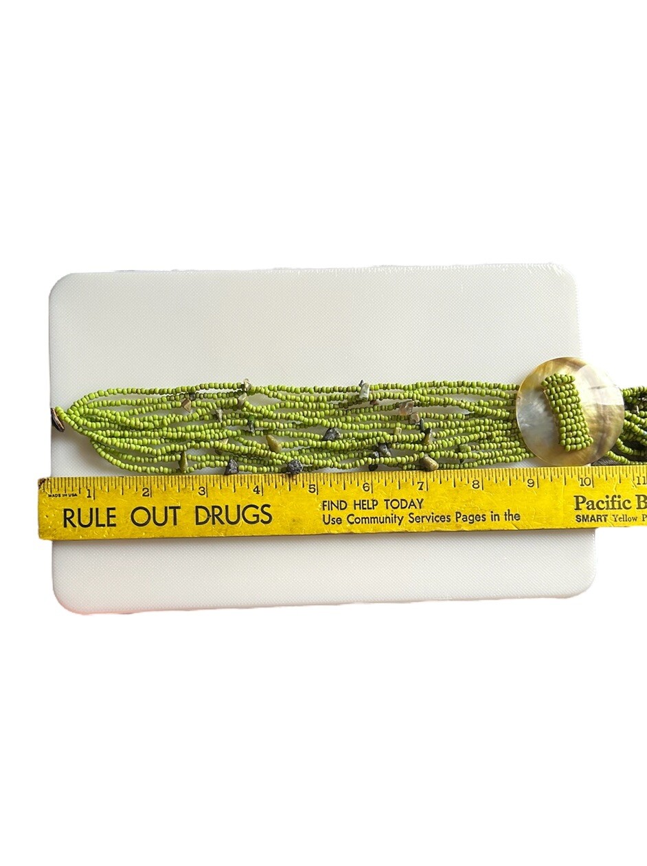 Multi Strand Seed Bead Necklace Lime Green Shell Lariat Centerpiece Unakite Chip