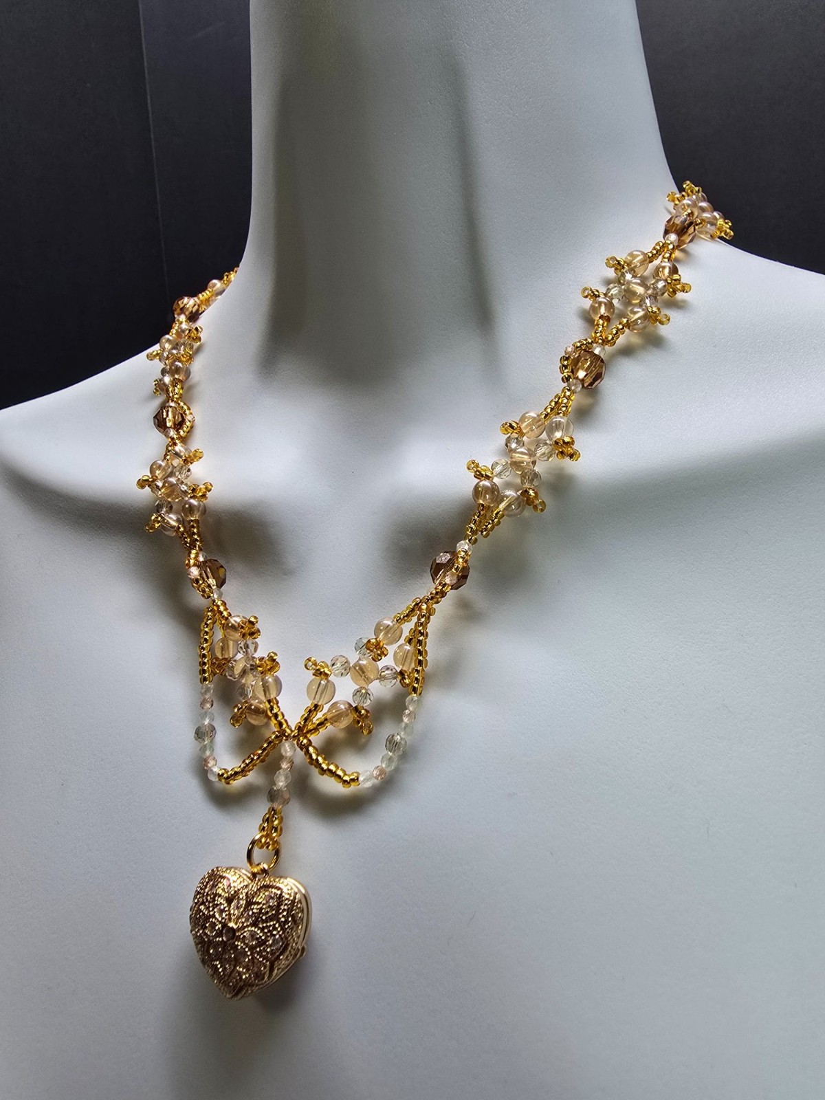 Handcrafted 18k Gold Plated Heart Locket Peach Zircon & Prehnite Beaded Necklace