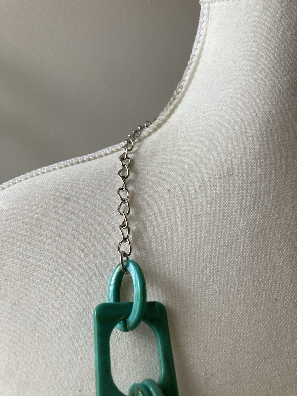 Chunky Teal Geometric Necklace Green Acrylic Link Statement Artsy Modernist