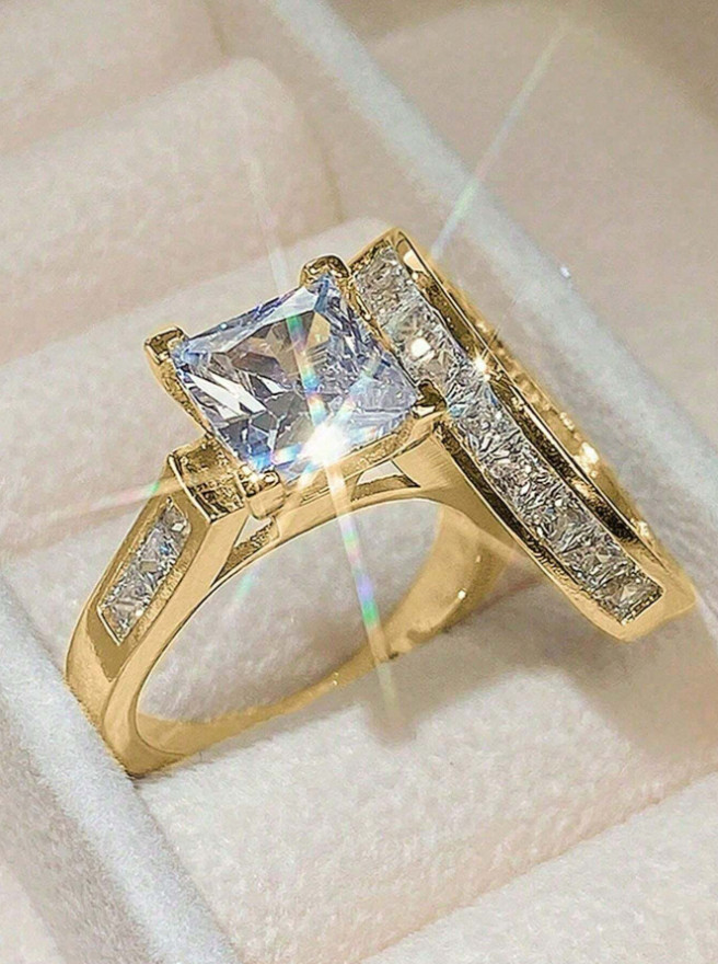 2PCS Square Crystal Wedding Ring Set Polished Elegant Bridal Women’s Jewelry USA