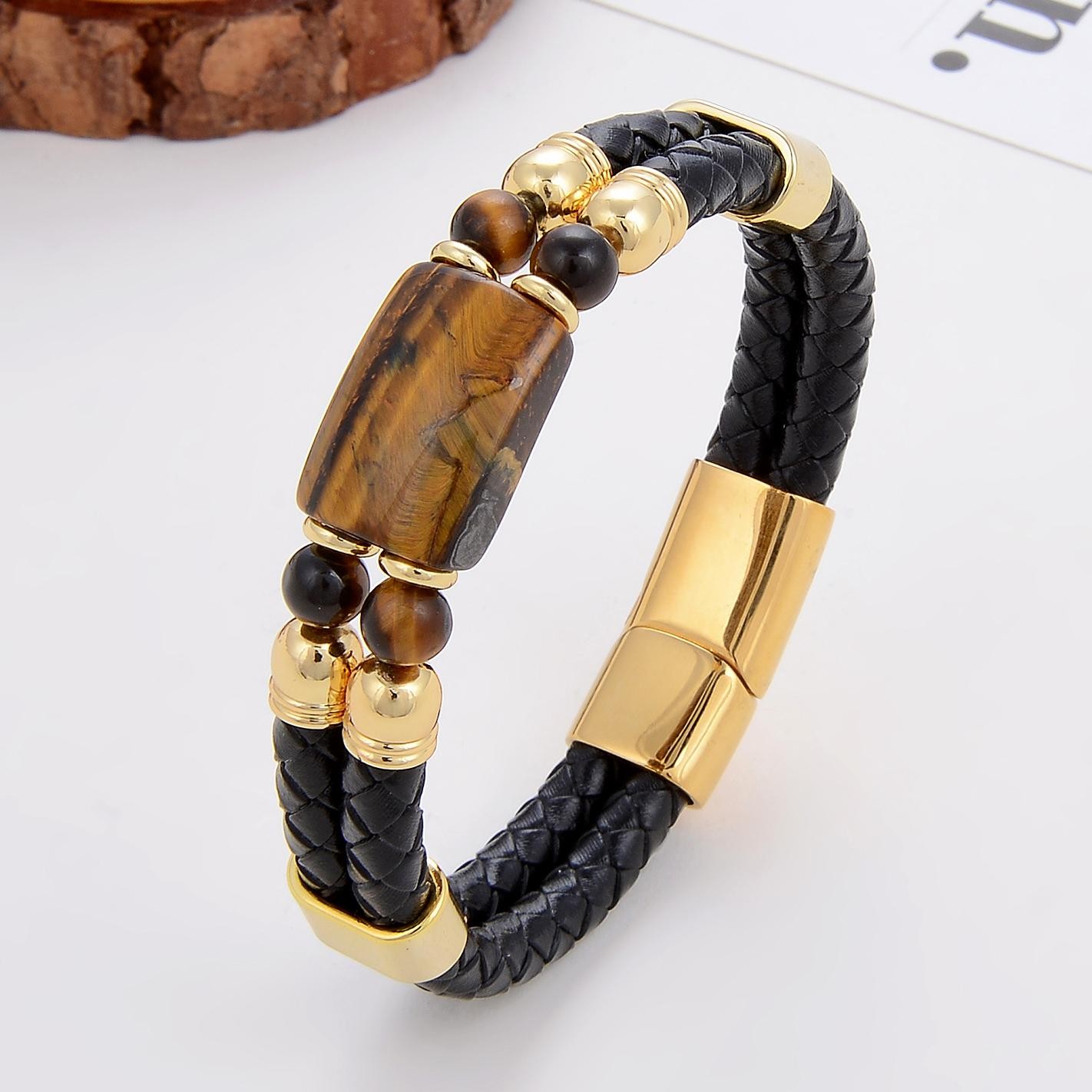 6 Style Natural Stone Bracelet Women Stainless Steel Magnetic Clasp Leather