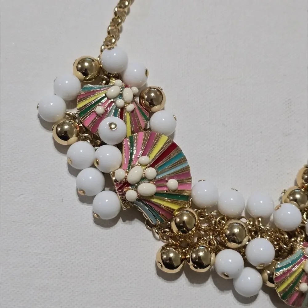Talbots Multicolor Seashell Charm Beaded Gold Tone Statement Necklace Bib OS