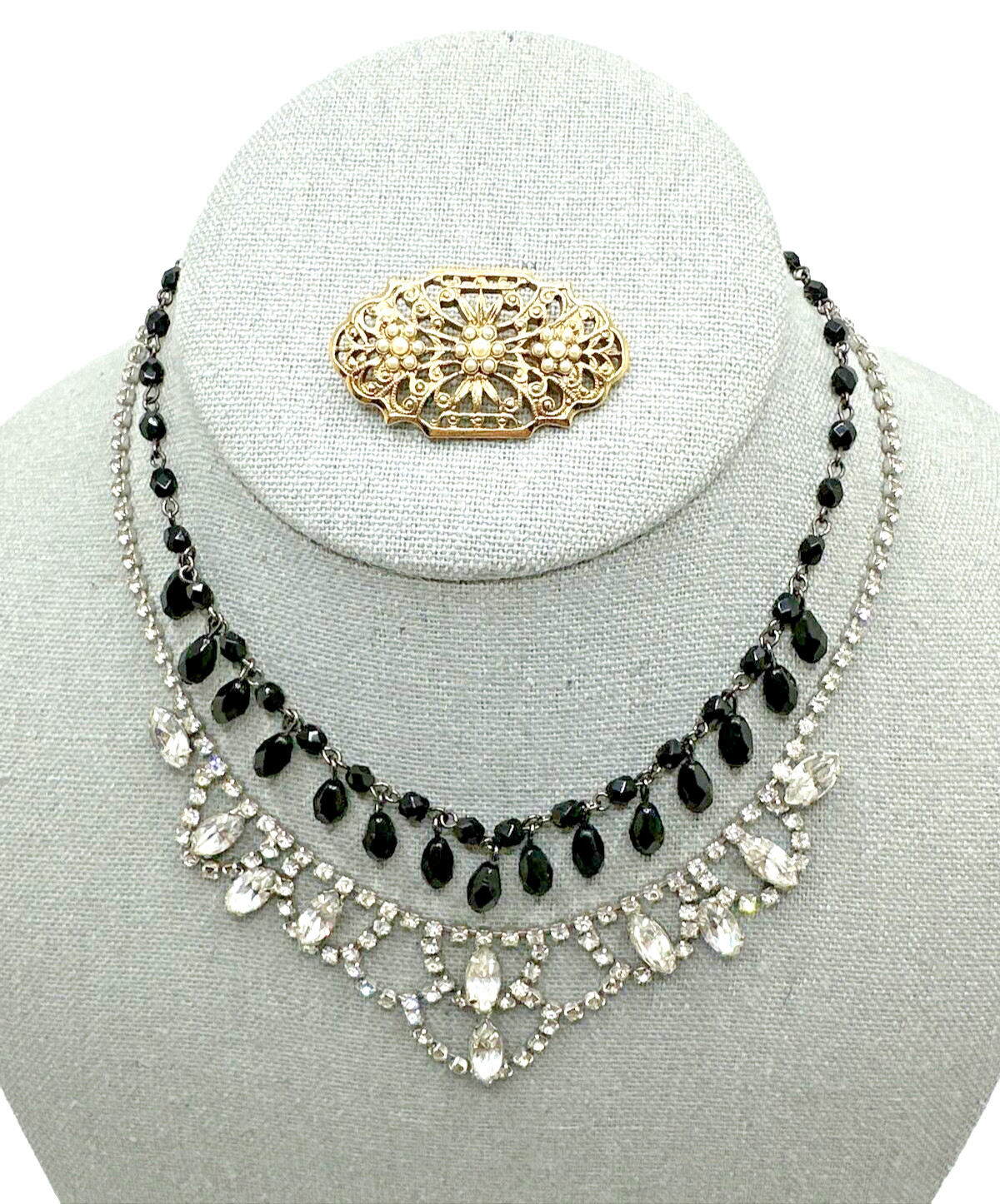 Victorian Revival Style Jewelry Necklaces & Brooch Gold Silver Tone Lot of 3 pcs