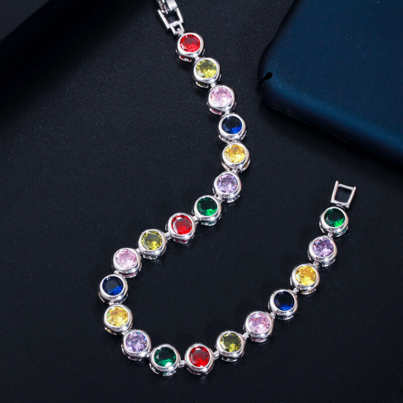 Beauty Round Cubic Zirconia Yellow Gold Plated Multicolor Rainbow Women Bracelet