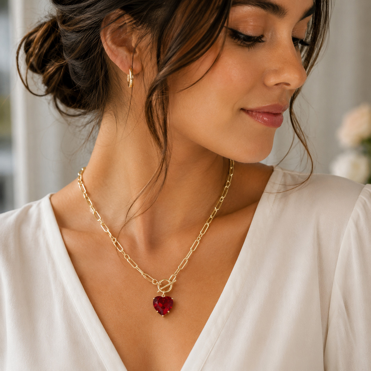 Gold Tone Red Heart Crystal Toggle Necklace Paperclip Chain Statement Pendant