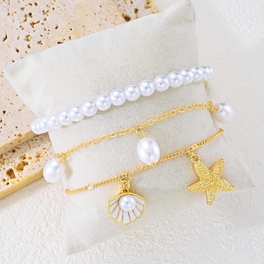 iF YOU 5PCS 14K Gold Plated Anklet Bracelets Waterproof Cuban Link Chain Set