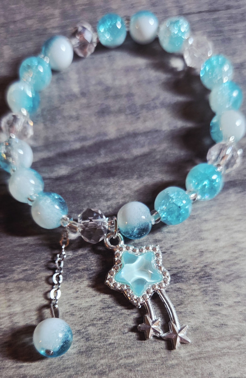 Light Blue Round Crystal Dangle Star Charm Beaded Stretch Bracelet