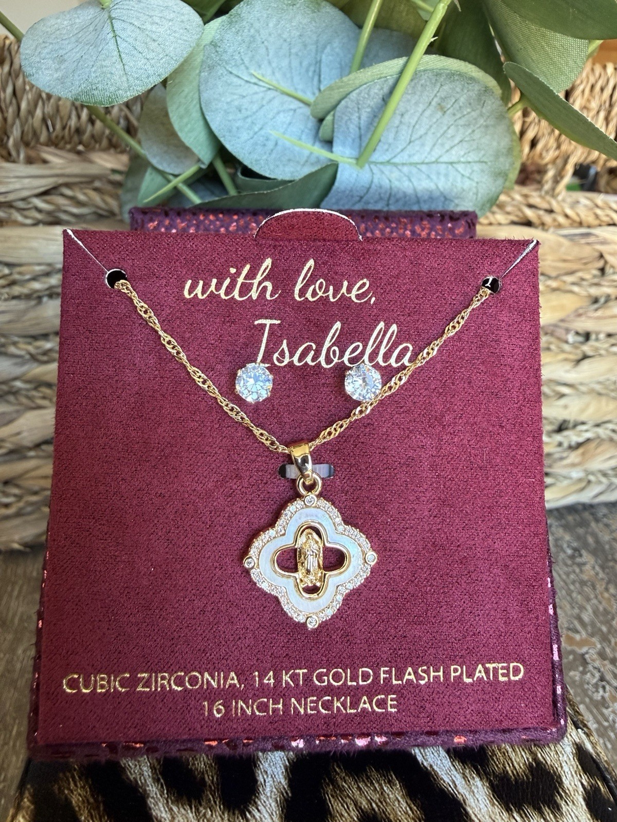 14KT Gold Flash Plated Virgin Mary Clover Necklace & CZ Stud Earrings Set NWT