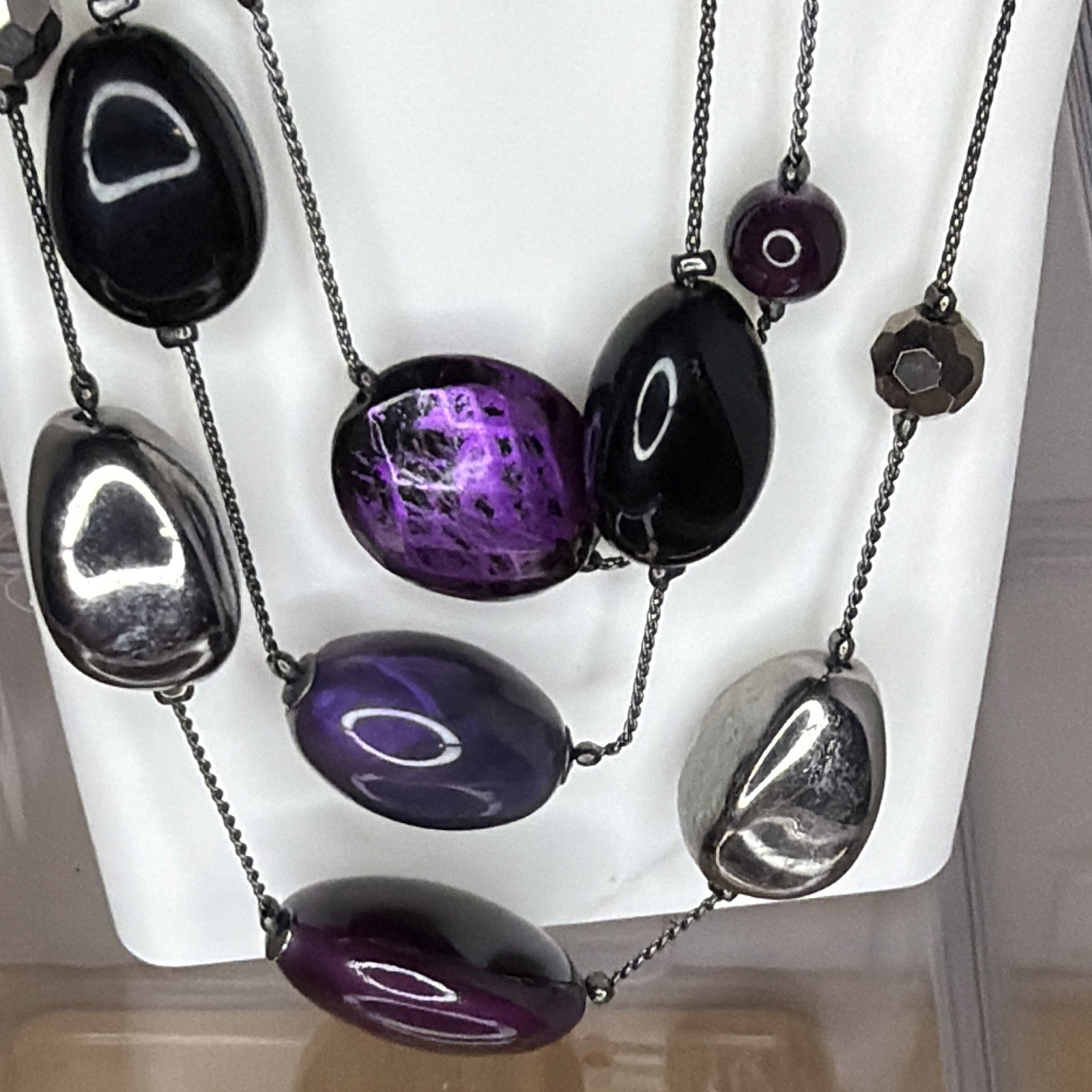 New York and Company necklace, multi strand, gun metal and purple iridescent