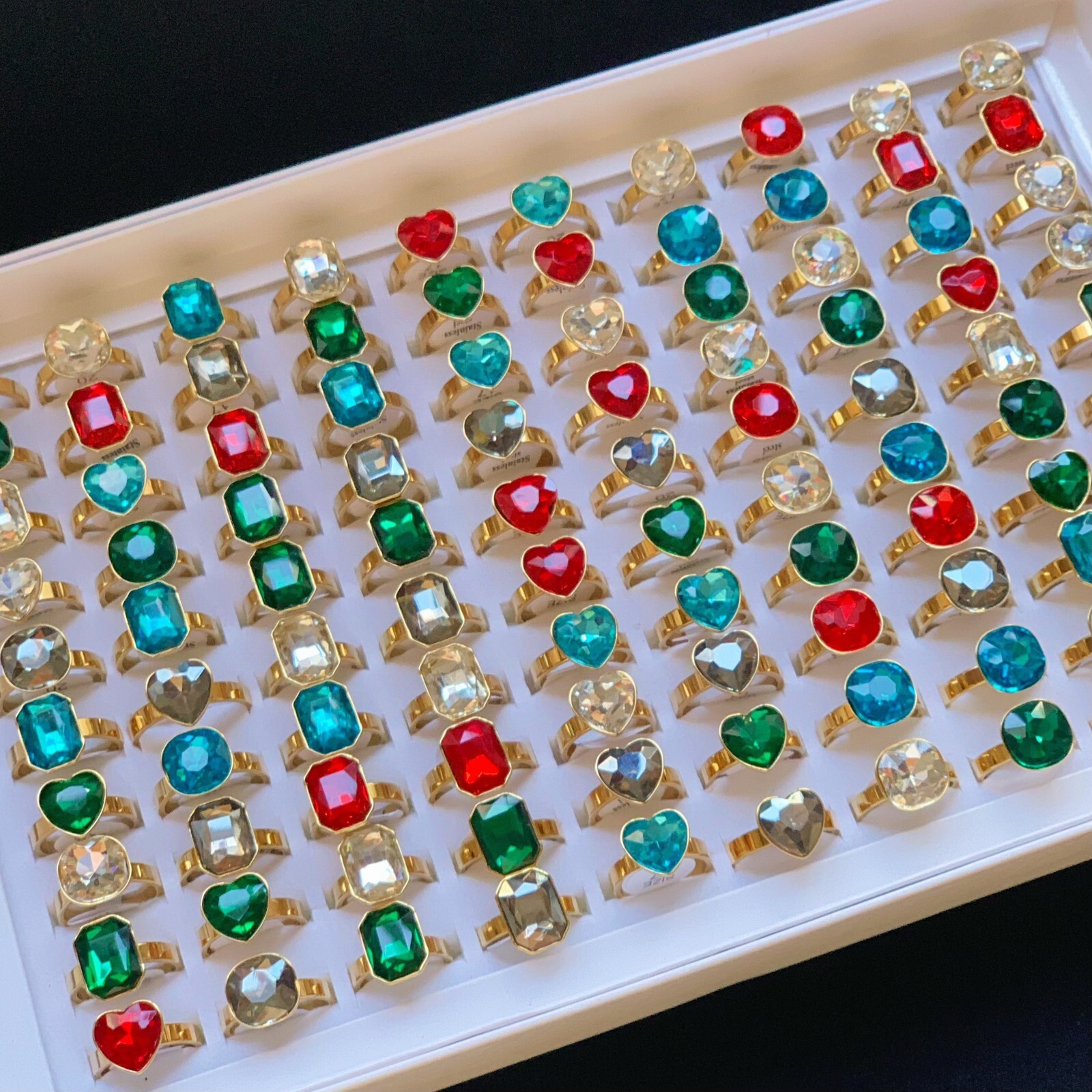 30pcs Colorful Crystal Zircon Wedding Rings Mix Women Gold Plated Party Jewelry