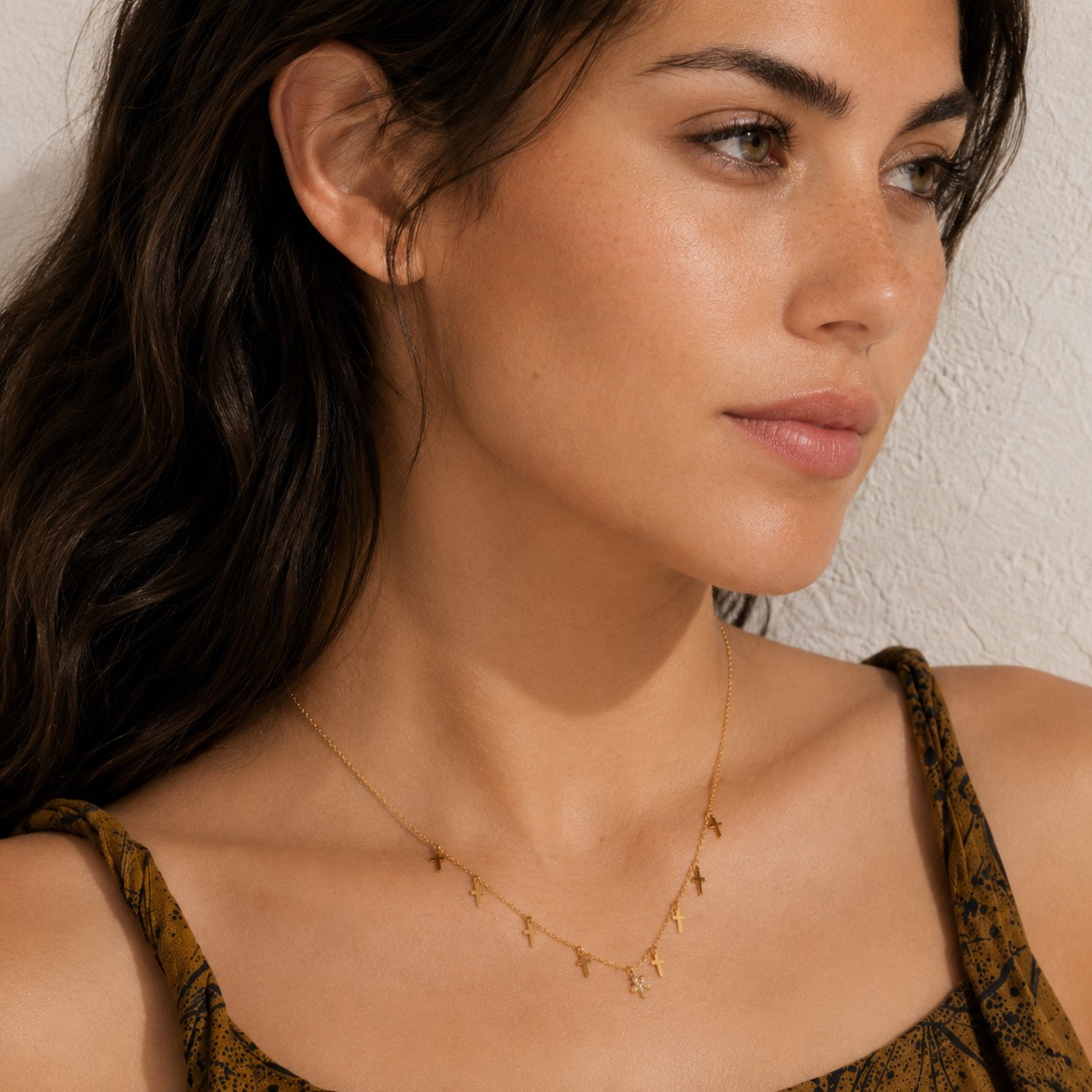 Gold 9 Cross Charm Necklace Women CZ Pendant Stainless Steel PVD Plated Gift