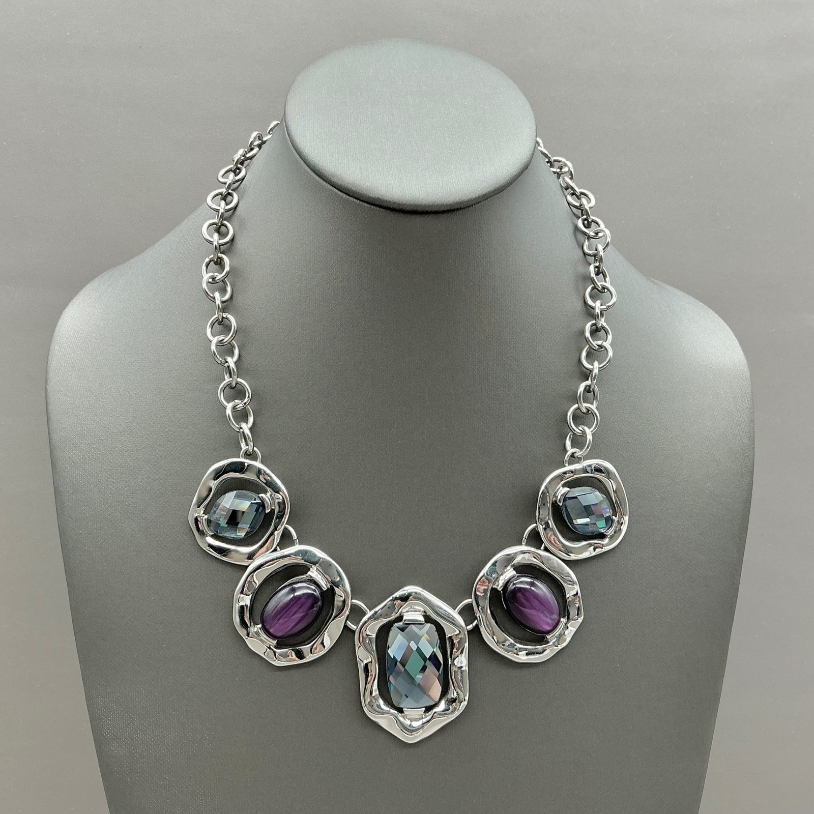 Chico’s Necklace Womens Silver Tone Purple Blue Crystal Statement Bib 18 Inch