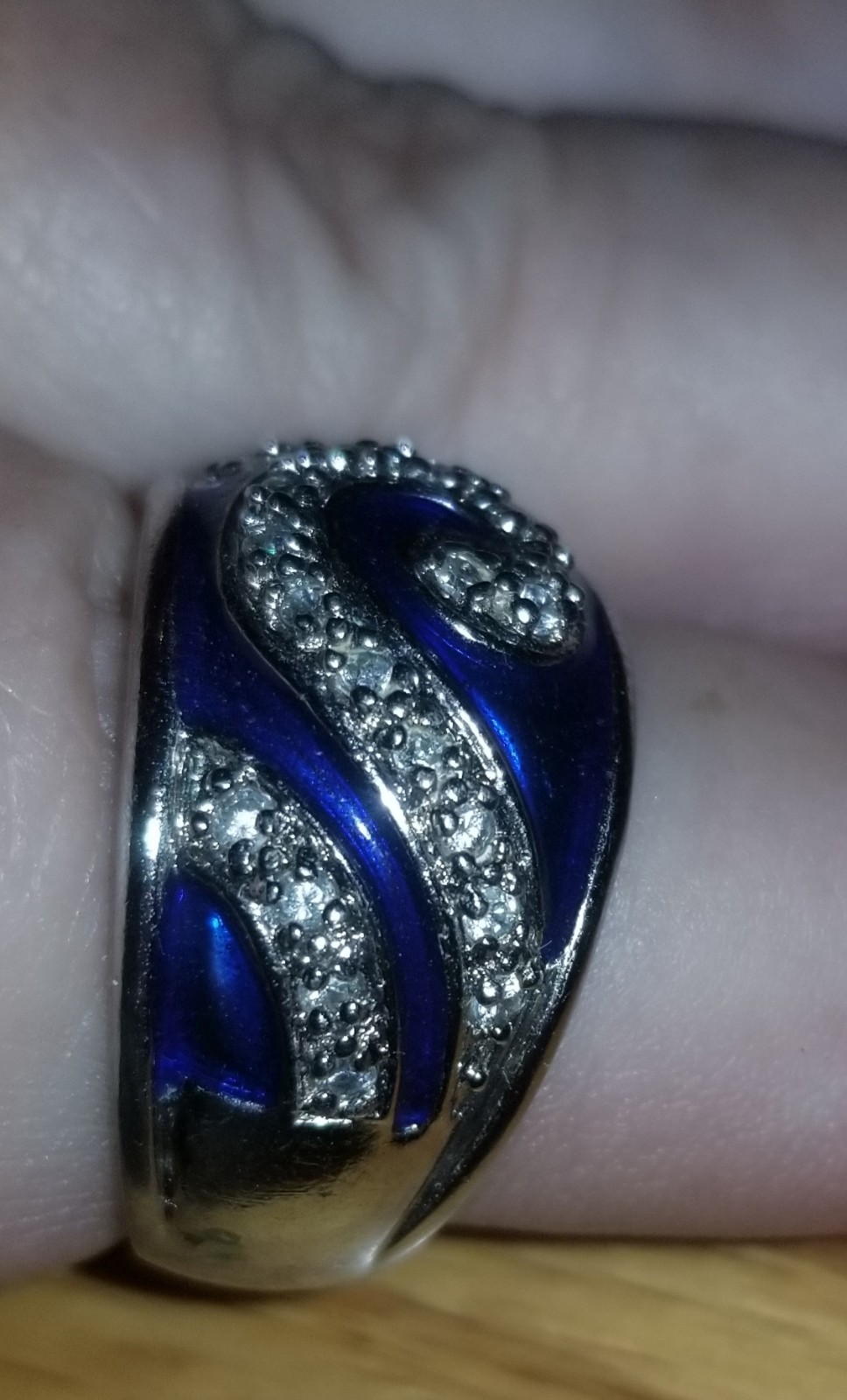 Vintage Hildago? Blue Enamel CZ Wave Ocean 925 Band Ring Sterling Silver 8.2 G