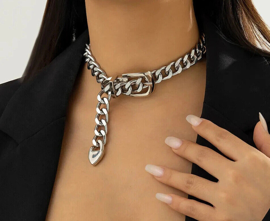 Women’s Belt Buckle Cuban Chunky Choker Necklace Silver Gold 88-1