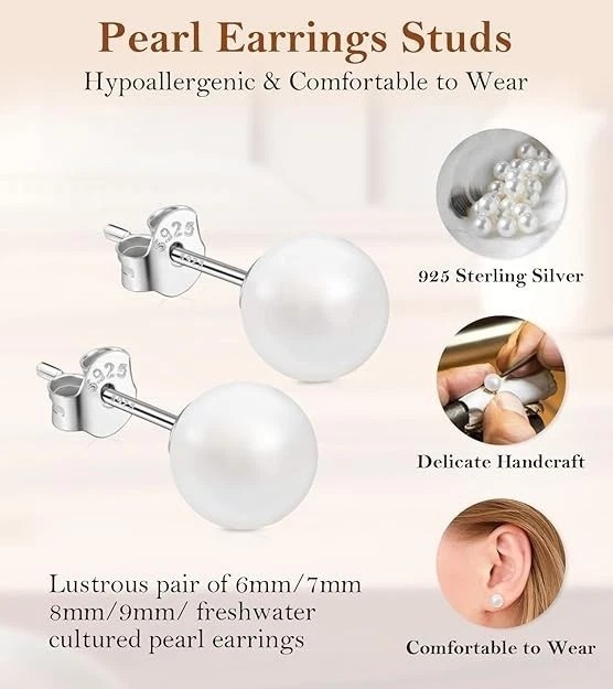 925 Sterling Silver CZ Stud Earrings Cubic Zirconia Women Pearl Jewelry Gift US