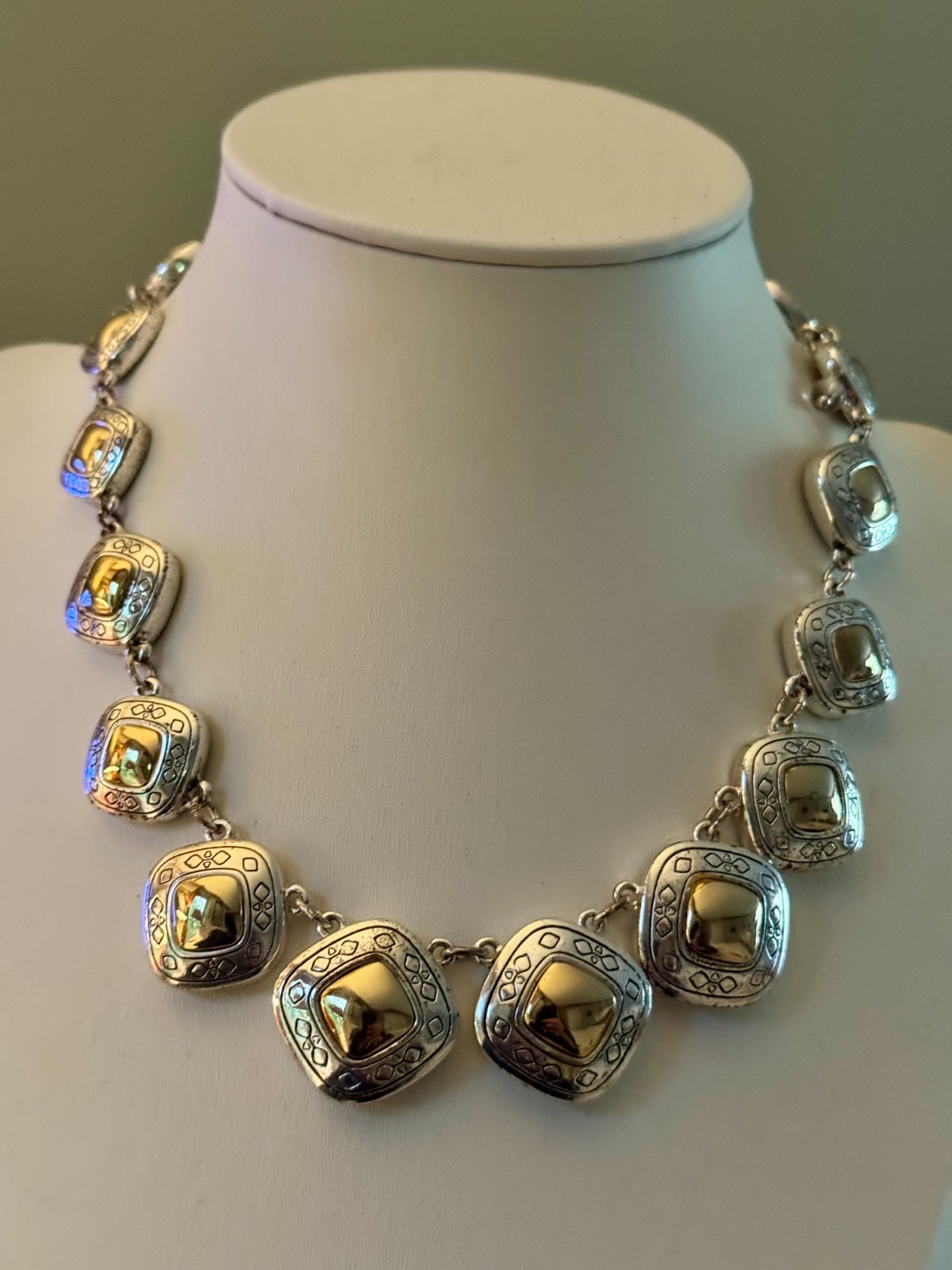 Vintage Liz Jordan Necklace Two Tone Modernist Gold/Silver Bib Collar 15-20″