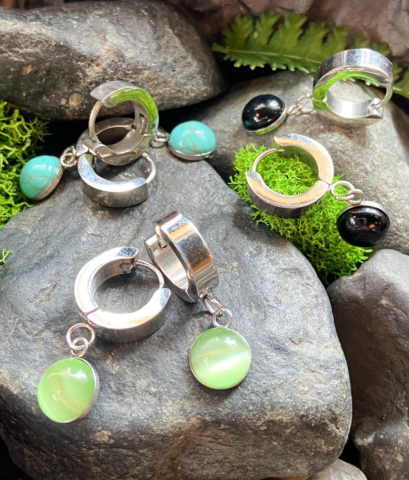 PAIR of Hinged Hoop Earrings Semi-Precious Stone Dangle 20g 316L Stainless Steel