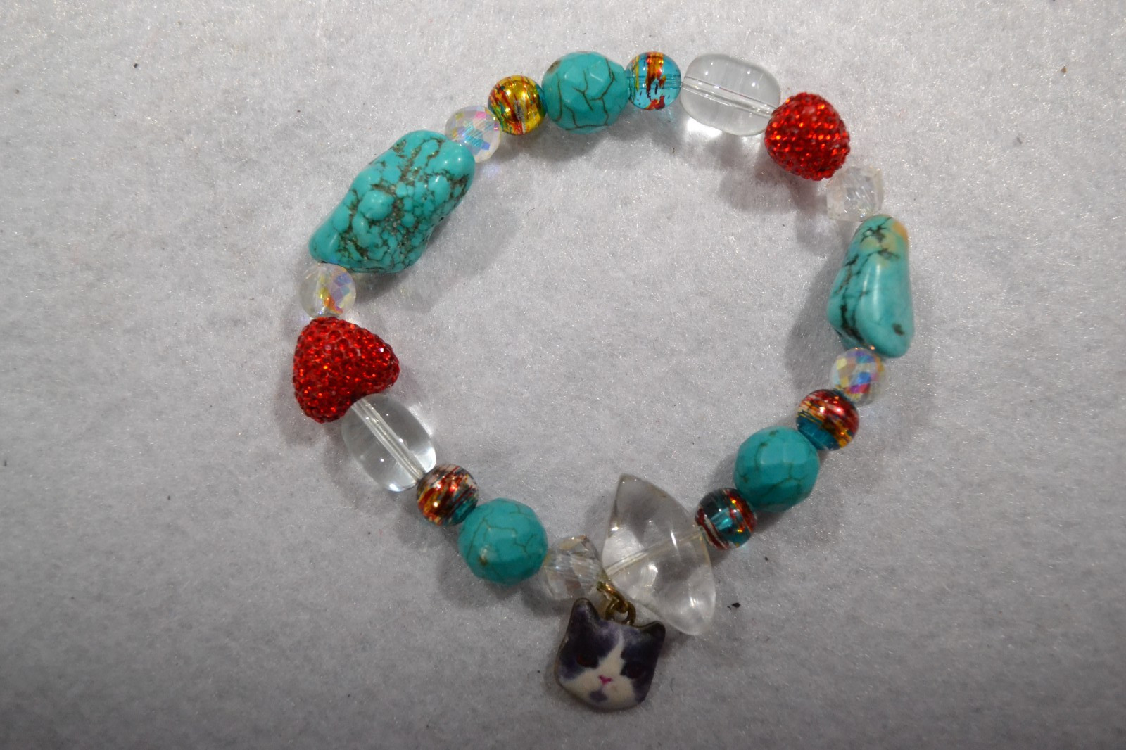 Turquoise Beaded Fashion With Cat Face Bracelet Slight Stretch Approx. 7 MM