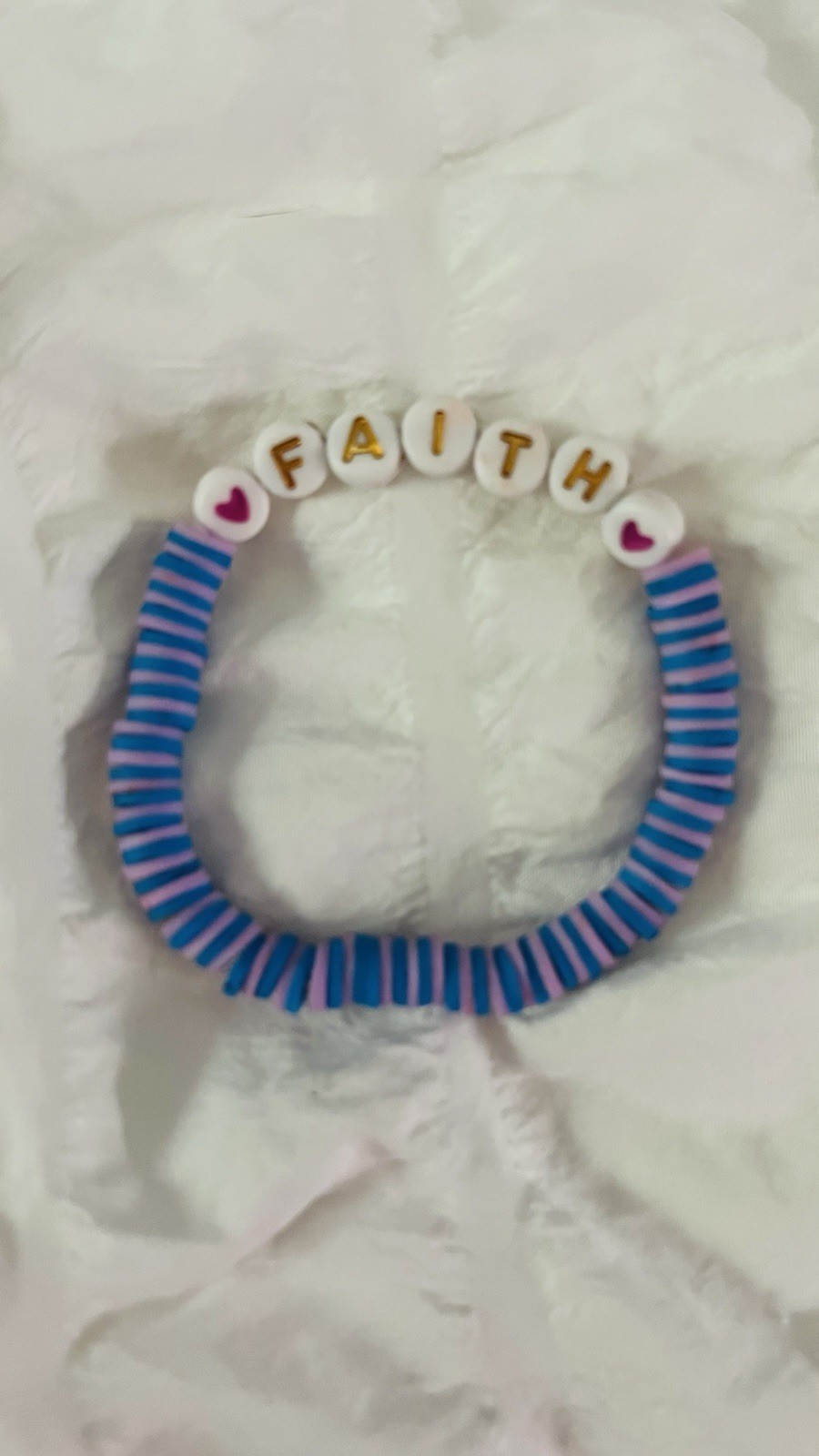 Blue, White & Pink Plastic Round Bead Stretch Bracelet “FAITH” Letter & Heart