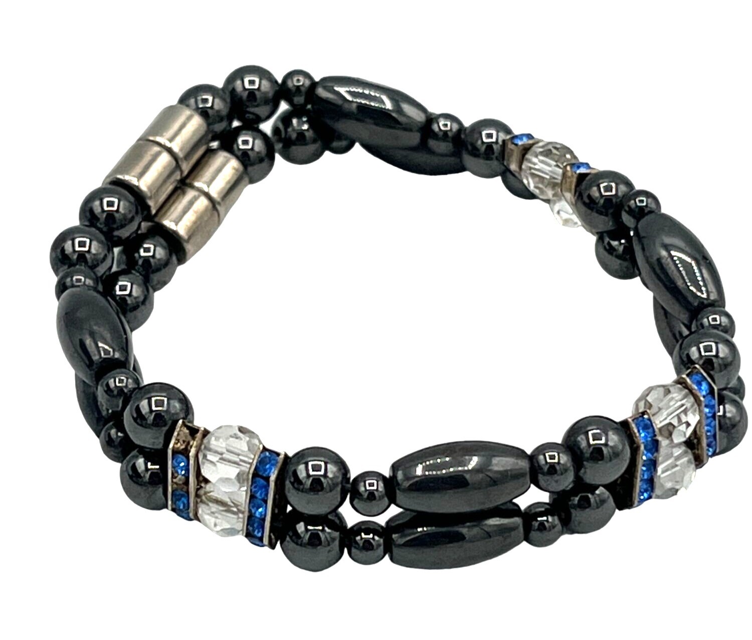 Hematite Crystal Beaded Stretch Bracelet Blue Accent Stones Magnetic Clasp 6 In