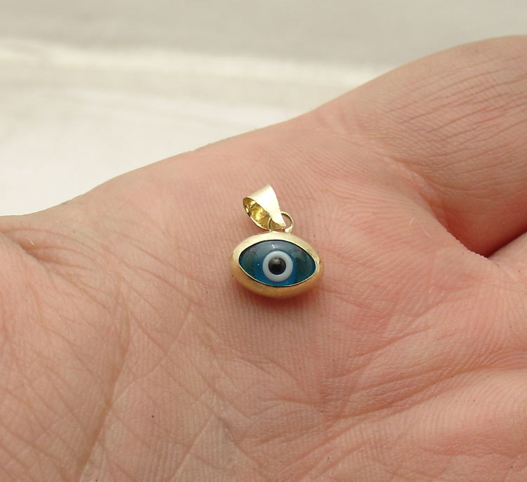 3D Oval Ocean Blue Evil Eye Good Luck Charm Pendant Real 14K Yellow Gold