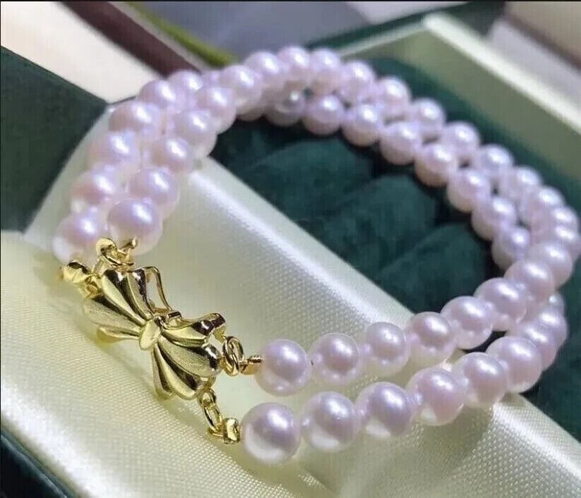 AAA 7-8mm Double Strands akoya WHITE PEARL BRACELET 7.5-8 inch 14k