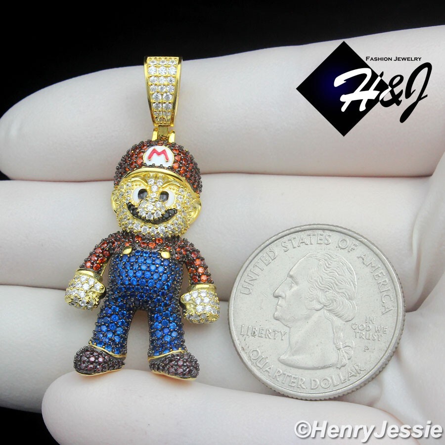 MEN 925 STERLING SILVER ICY CZ HIPHOP GOLD PLATED 3D SUPER MARIO PENDANT*GP499