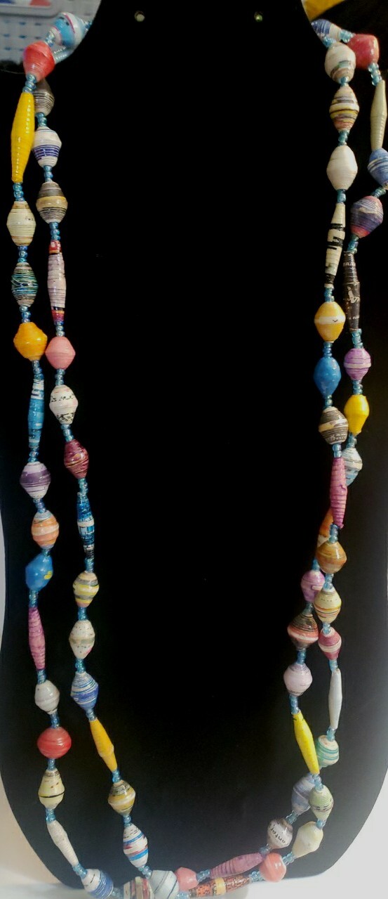 Multicolored Vintange Handmade Paper Bead Neckless 62in