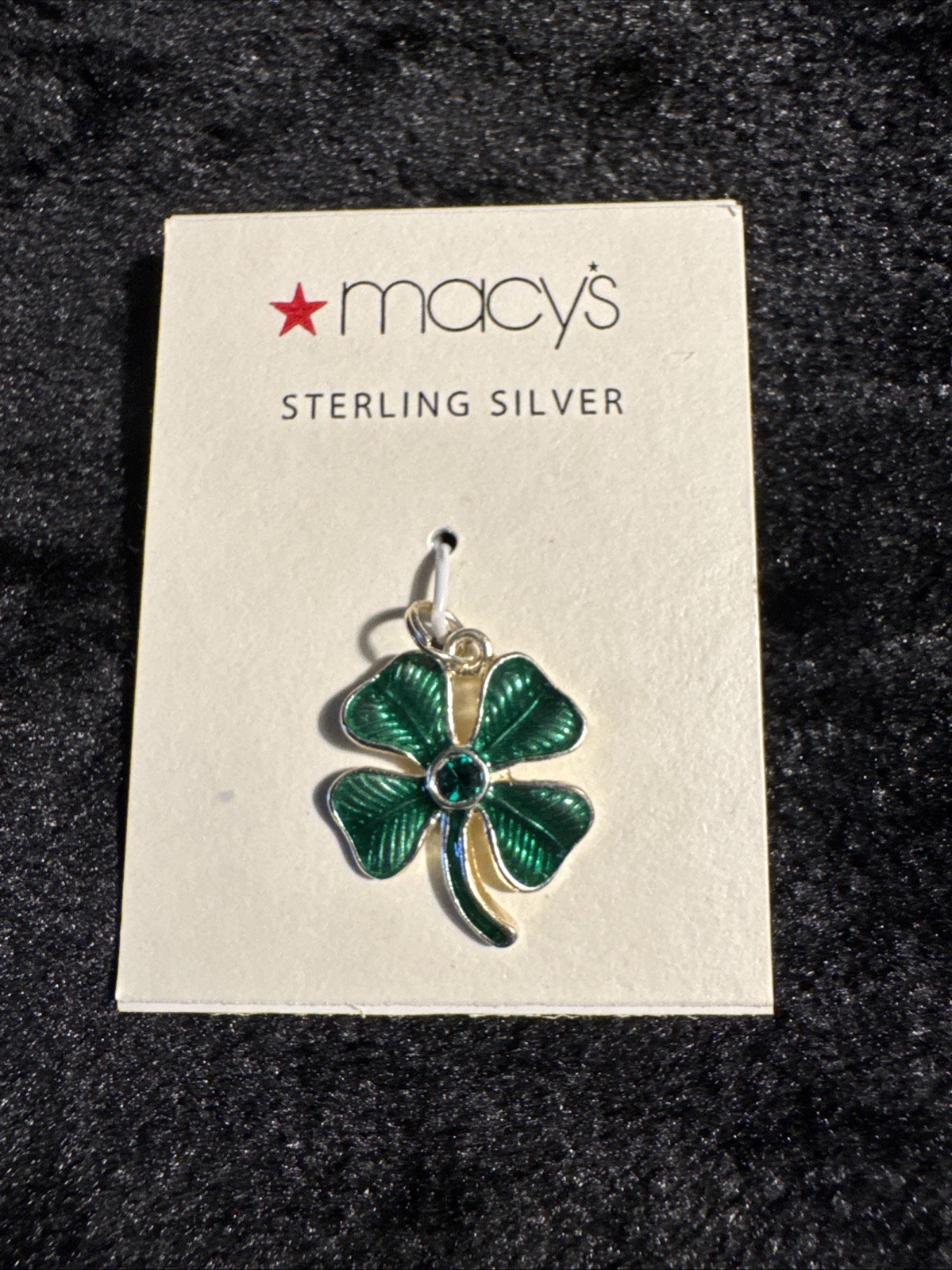 Green 4 Leaf Clover Charm Pendant with Rhinestone Center Sterling Silver
