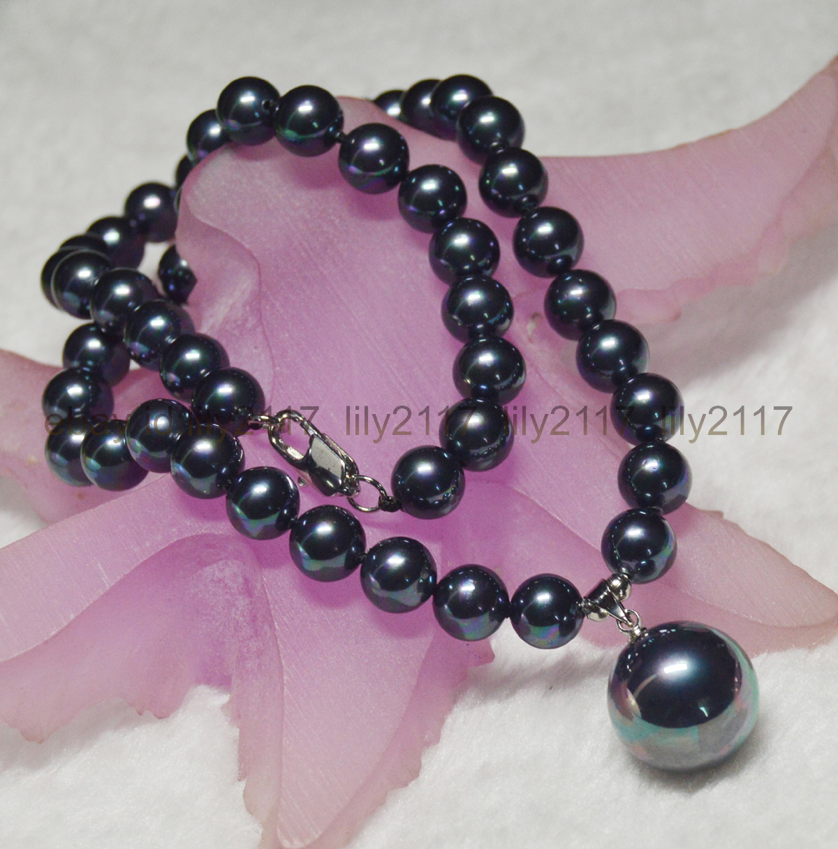 8MM South Sea Black Shell Pearl Round Beads 16MM Pendant Necklace 18″ AAA