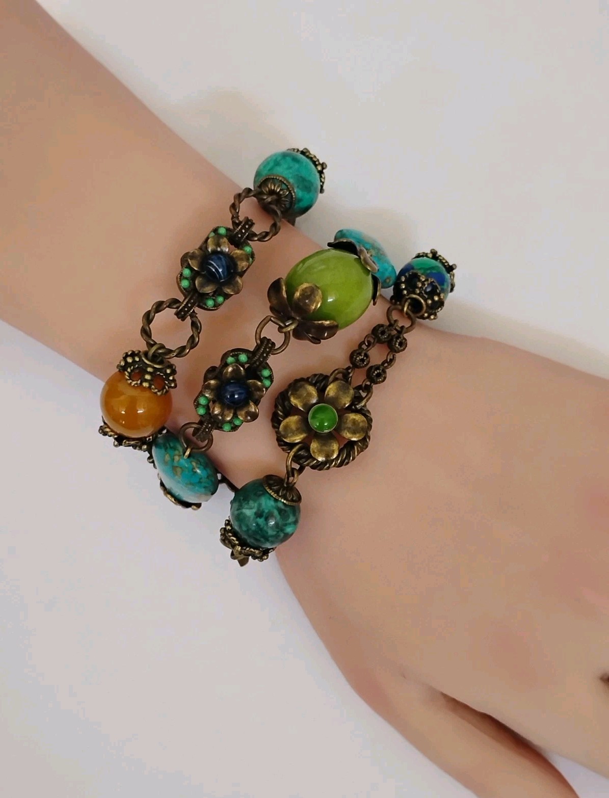 Sweet Romance USA Boho Multi Simulated Stone 3 Strand Floral Bracelet Pristine