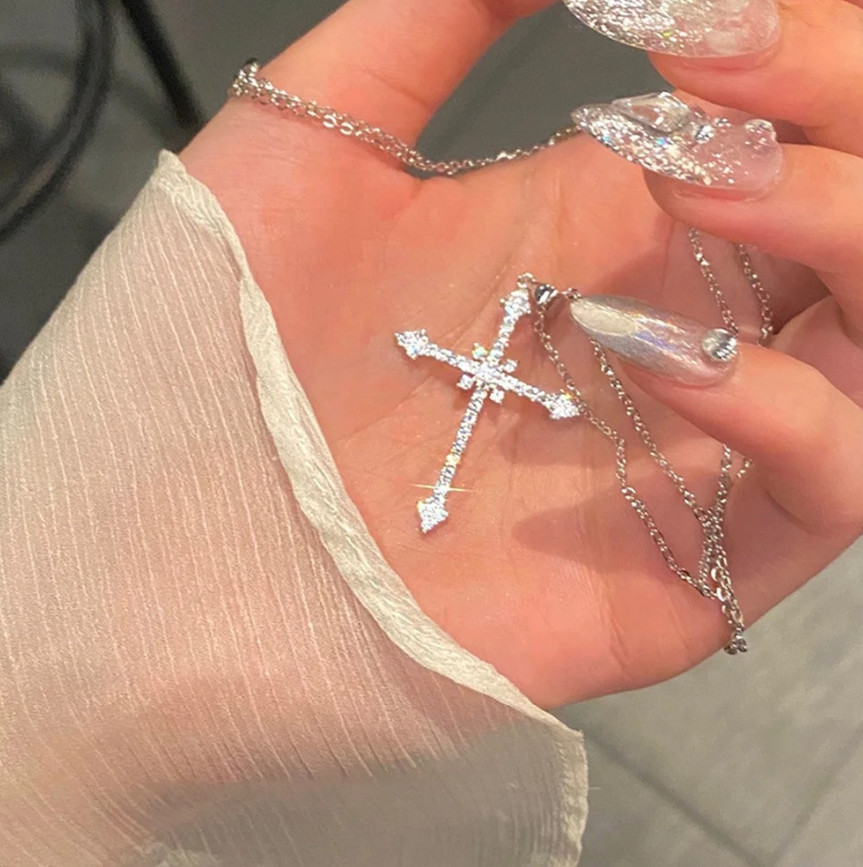 1pc Elegant Crystal Cross Pendant Necklace Silver Star Trendy Women’s Jewelry