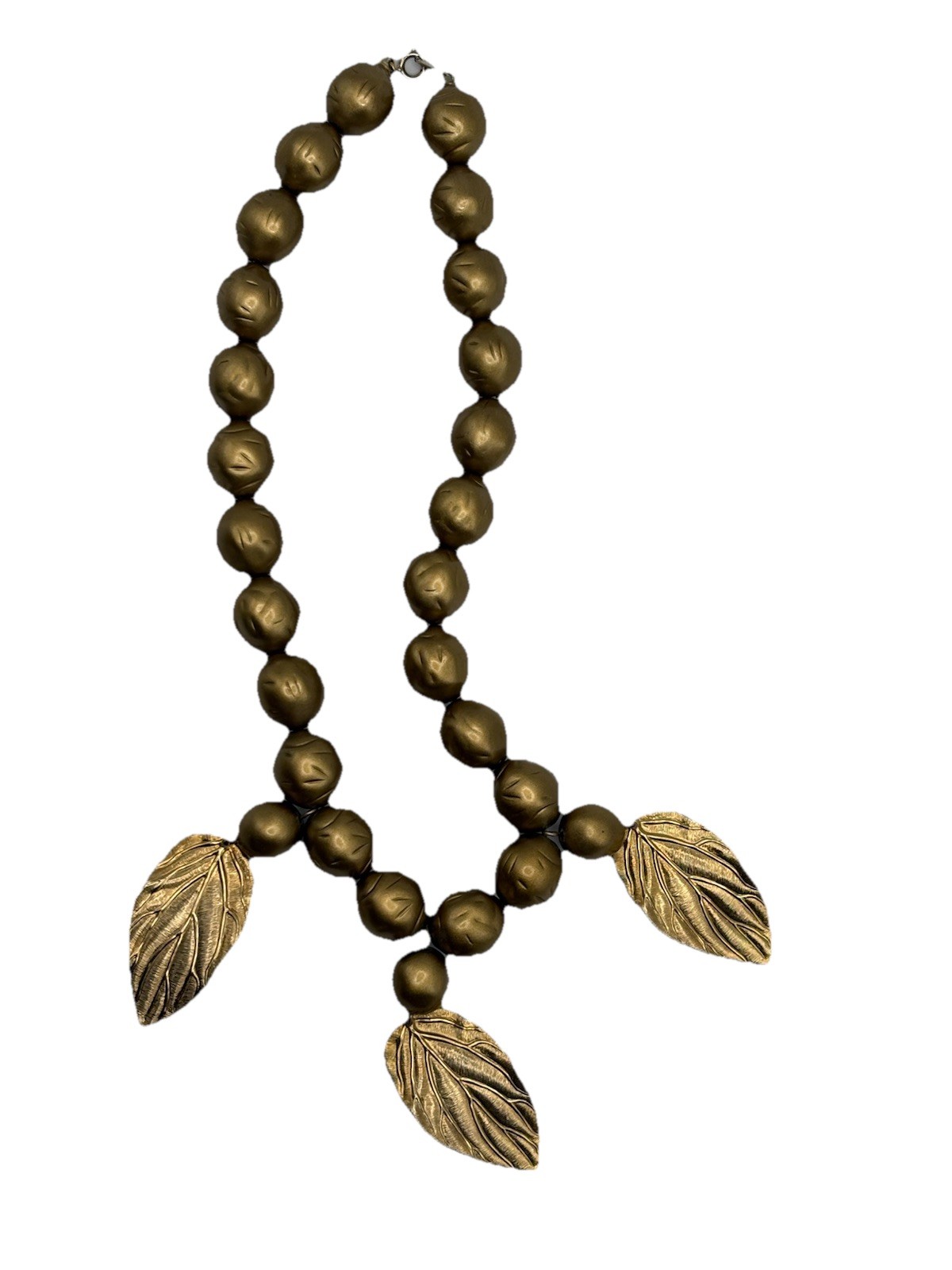 Gold Beaded Statement Necklace with Leaf Pendants, Oval Link, 18″ Charm