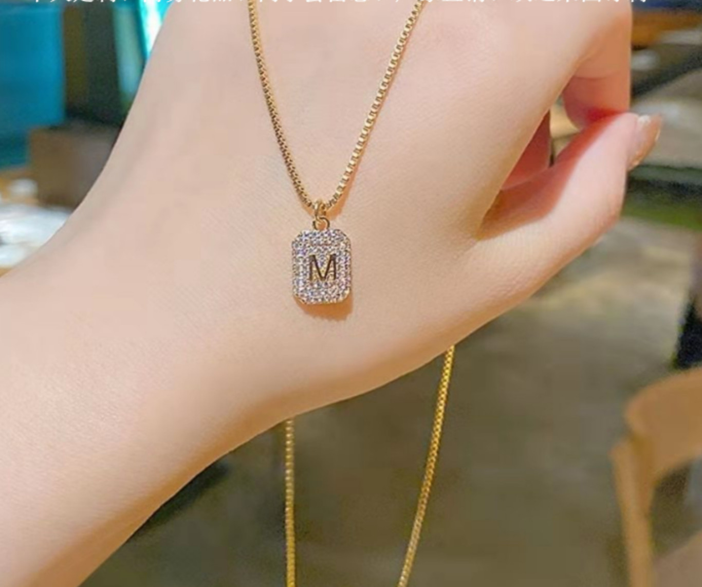 Titanium Gold Rectangular M-Shape Pave Cubic Zirconia Pendant Chain Necklace