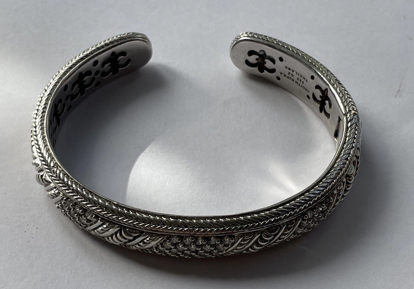 Judith Ripka Sterling Silver Diamonique CZ Cable Hinged Cuff Bracelet 7″ 47g