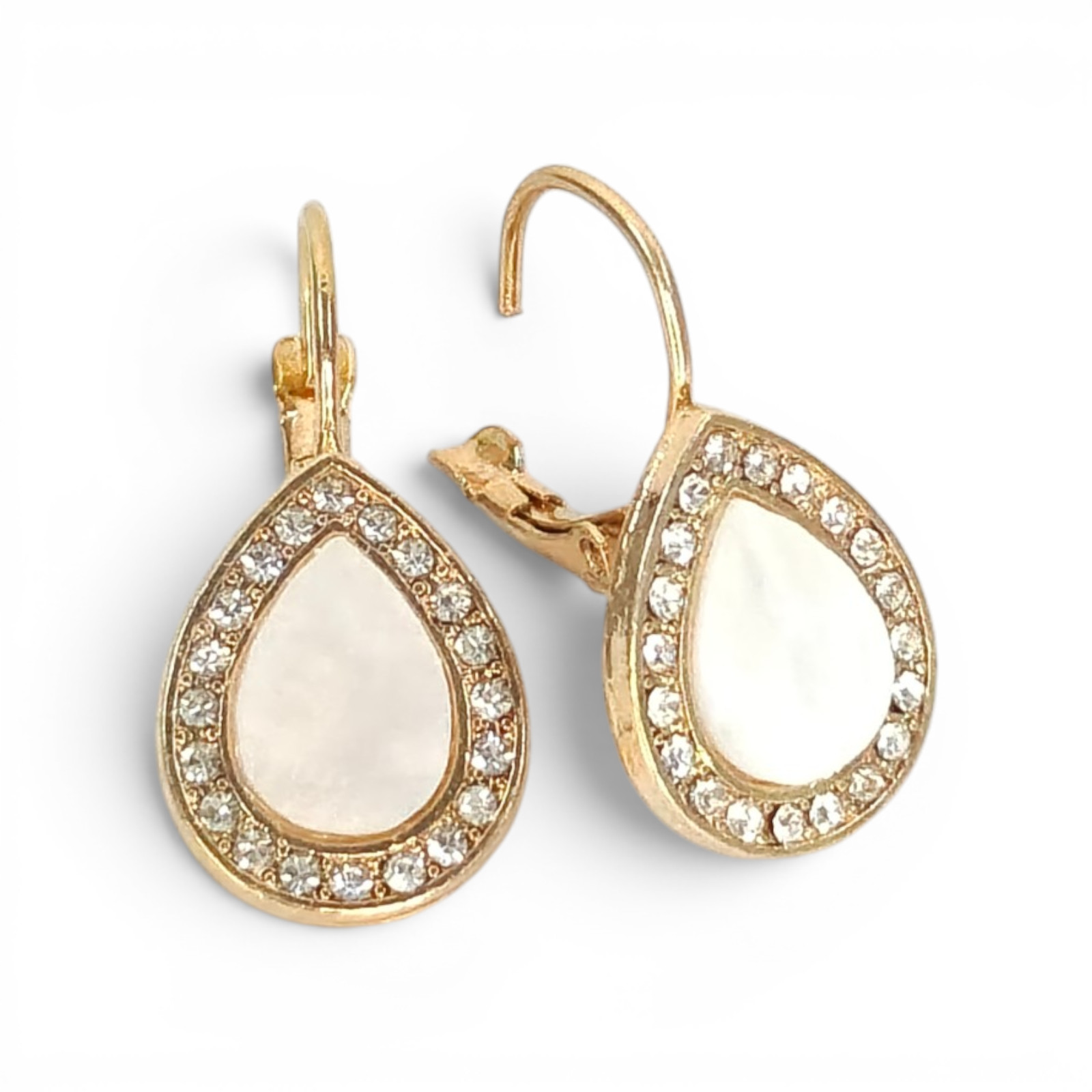 Gold Pear Shape Teardrop Leverback Earrings with Faux Pearl Inlay & Crystal Halo