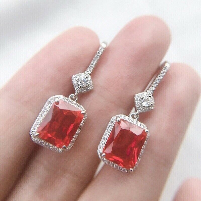 4.50Ct Emerald Cut Simulated Red Ruby Drop Halo Earrings 14K White Gold Plated