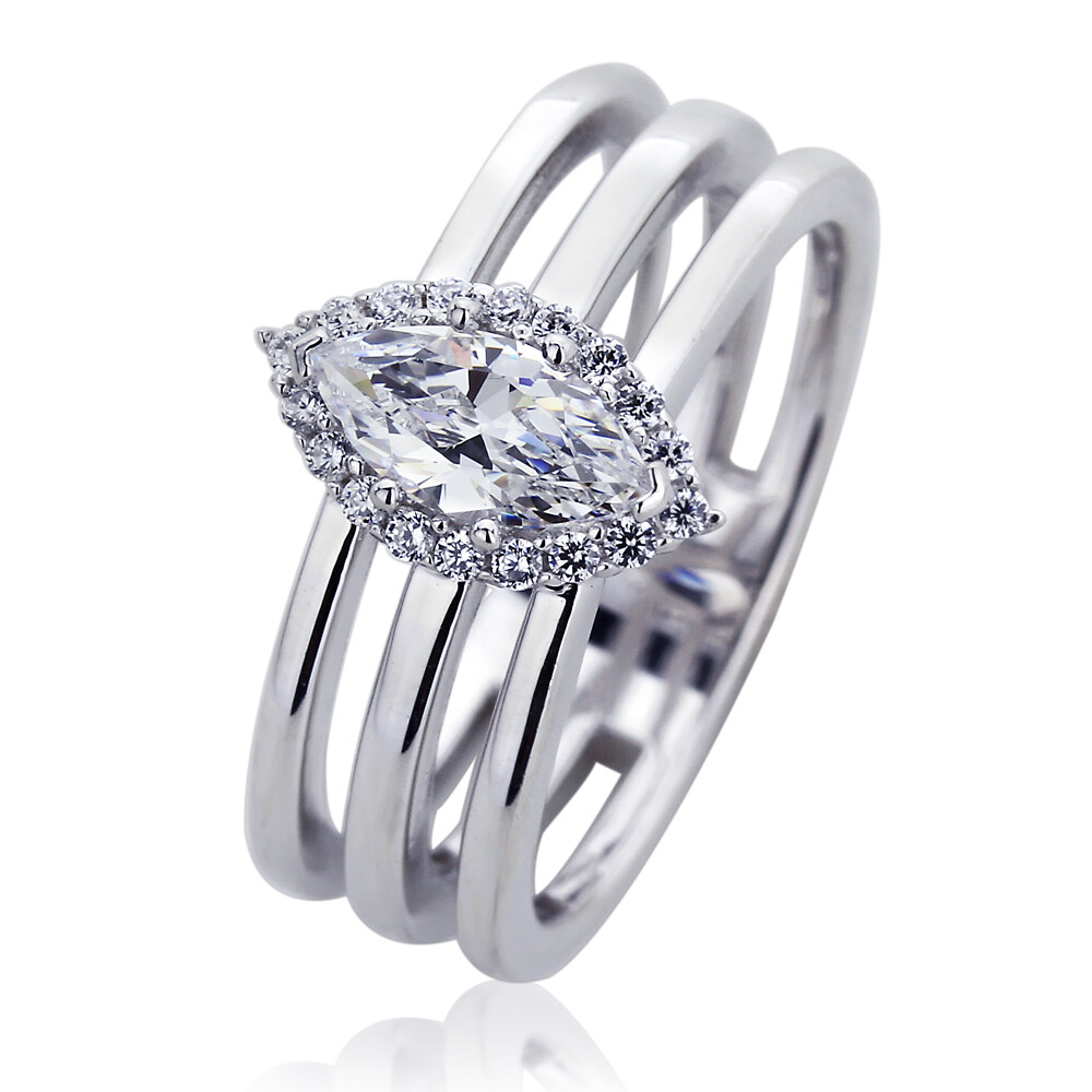 11mm Platinum Plated Silver 0.5ct Marquise CZ Halo Wedding Engagement Ring