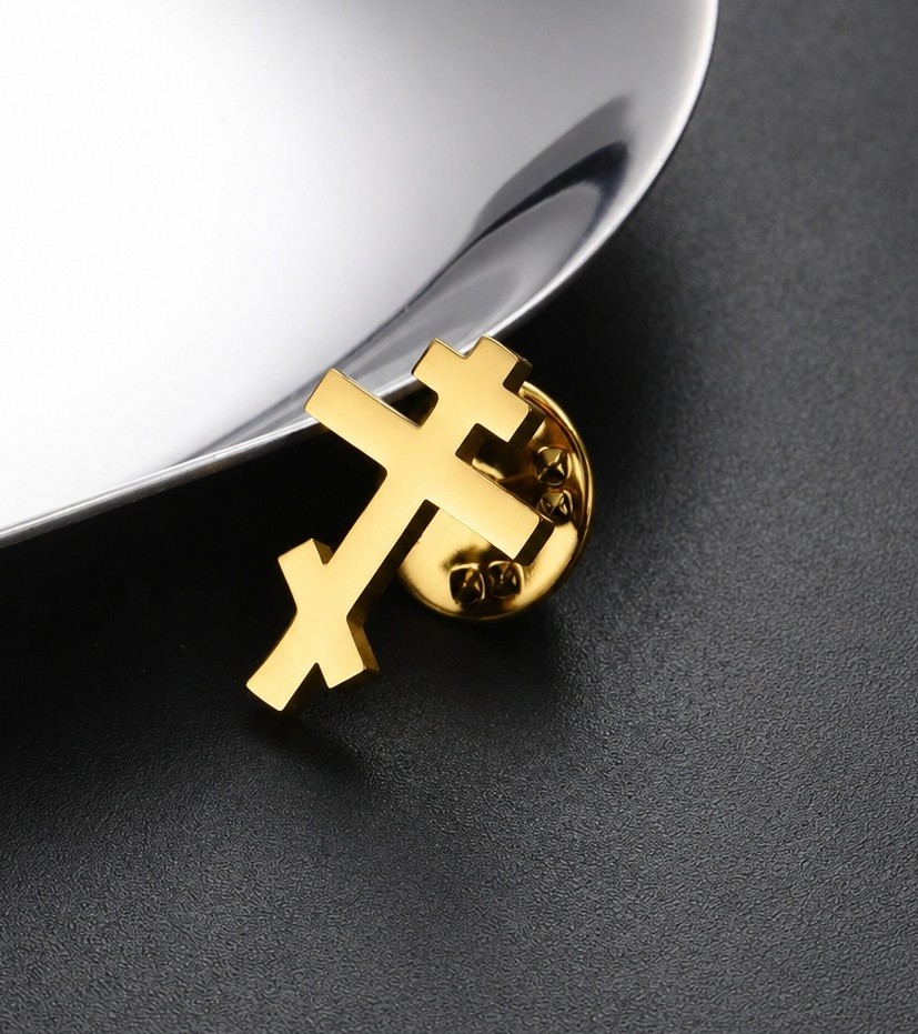 Lapel Pin Brooch -Russian Orthodox Christian Cross -Stainless Steel Gold Finish