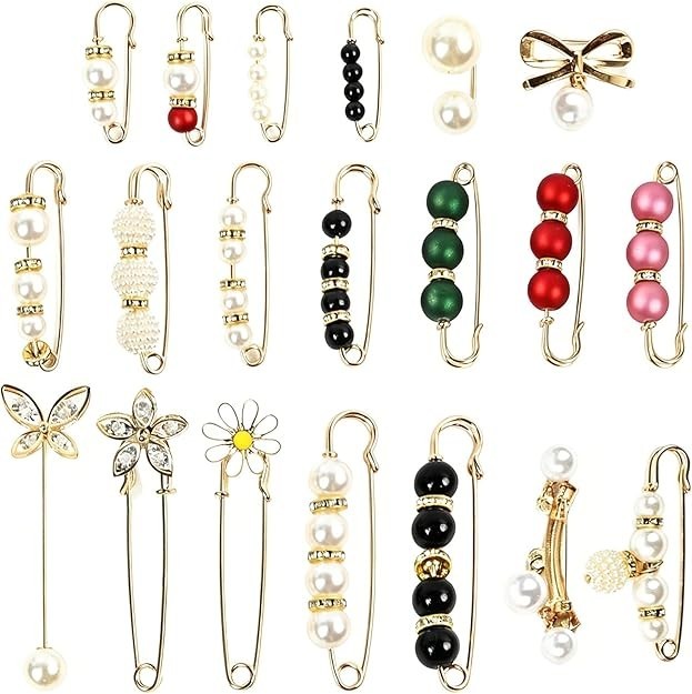 20 Pieces Pearl Crystal Brooch Safety Pins, Pant Waist Tightener & Junk Socks Ch