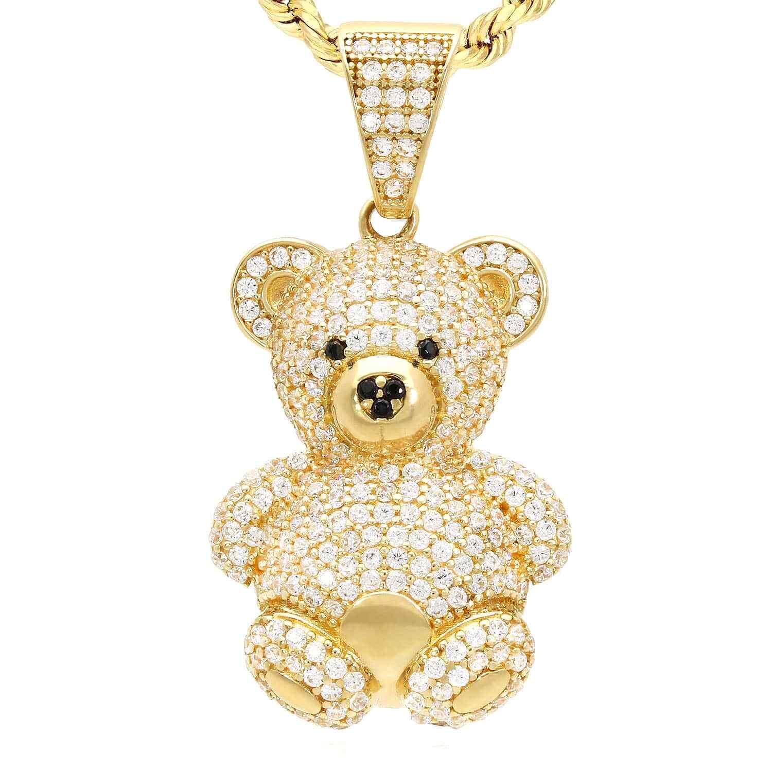 14K Yellow Gold CZ Pave Puffed Teddy Bear Pendant 1.3″-1.5″