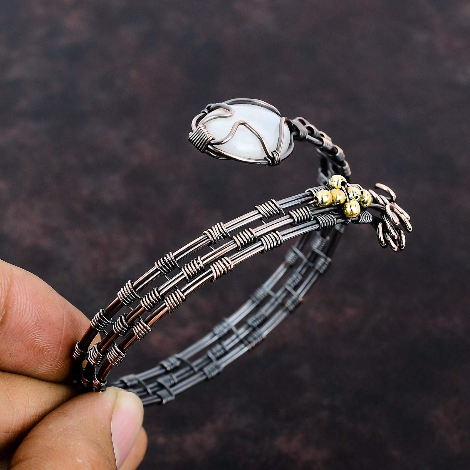 Natural Rainbow Moonstone Gemstone Cuff Wire Wrapped Adjustable Unknown Copper